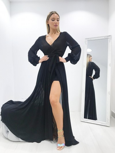 Φόρεμα μακρύ μανίκι διαφάνεια μαύρο